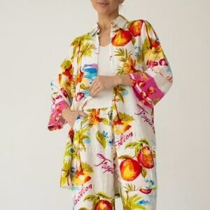 Anthropologie Label of Love White Linen Blend Fruit Tropical Tunic Shirt Top M